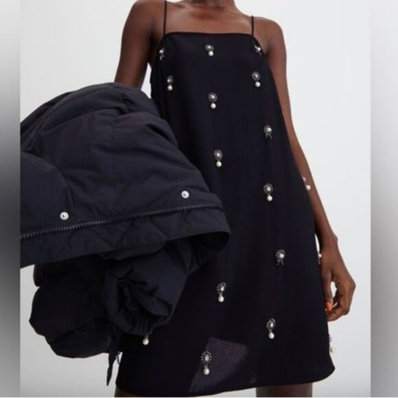 H&M Appliquéd Holiday Party Slip Dress Pearl Rhinestones Embellished Black Sz S - Picture 1 of 9